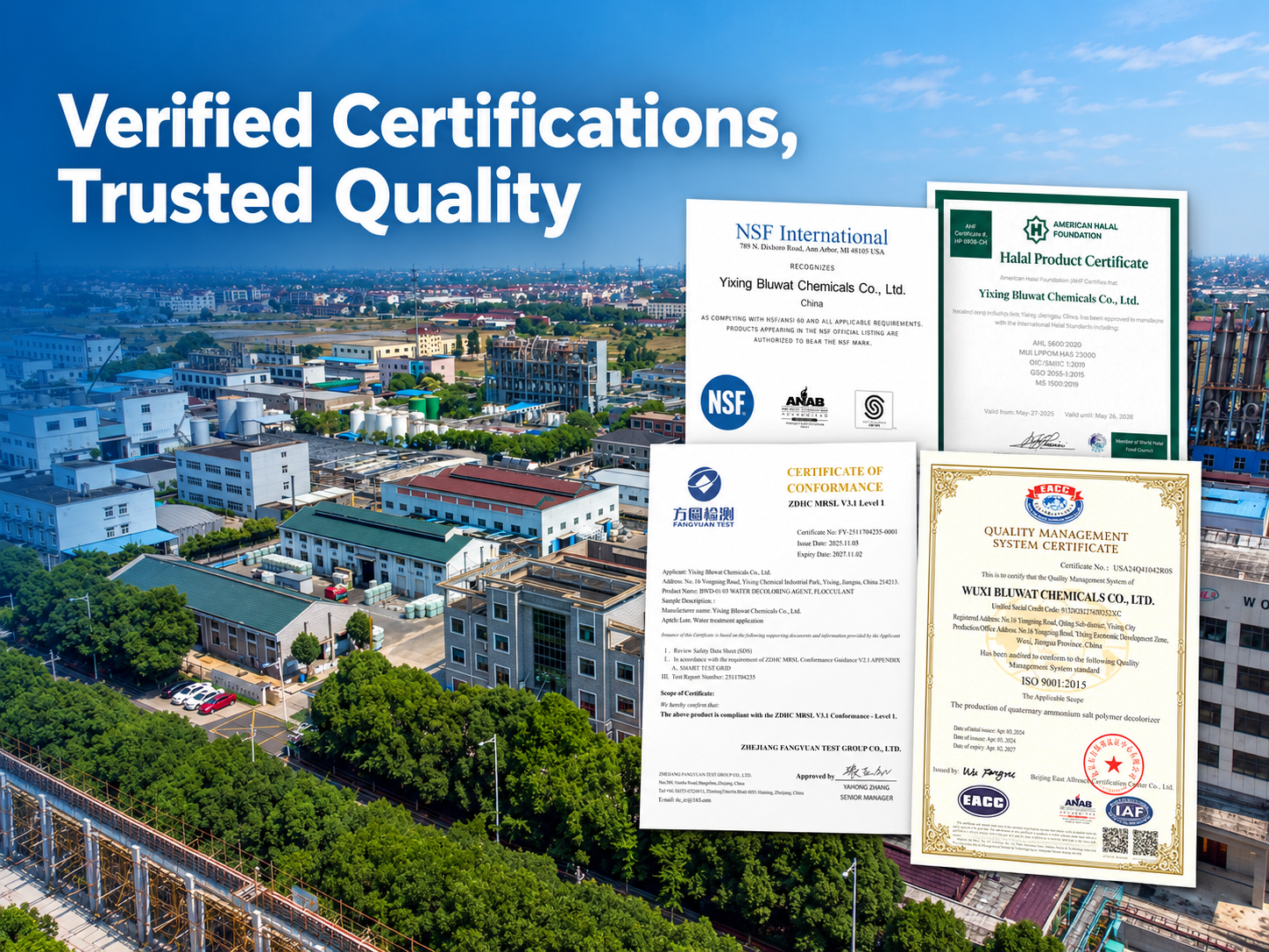 최신 회사 블로그 Bluwat Chemicals Strengthens Buyer Confidence with Verifiable NSF, Halal, ZDHC and ISO Credentials